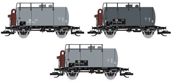 Saxonia 120112 - 3er Set Kesselwagen Deutz mit Bremserhaus der DR, grau