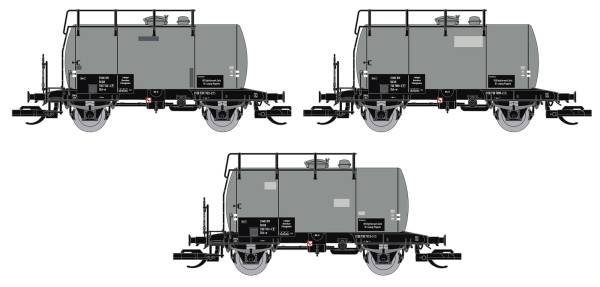Saxonia 120118 - 3er Set Kesselwagen Deutz, grau mit Flicken der DR