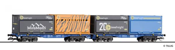 Tillig 15080 - Doppeltragwagen InnoWaggon 2x40ft, beladen mit vier WoodTainer