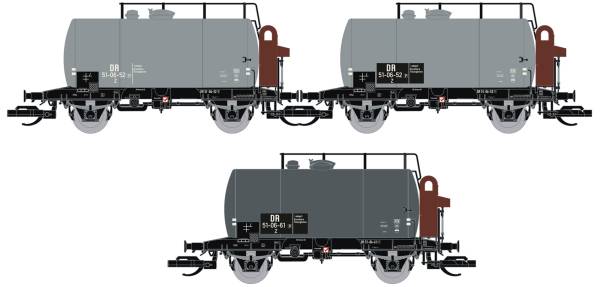Saxonia 120112-2 - 3er Set Kesselwagen Deutz mit Bremserhaus der DR, grau