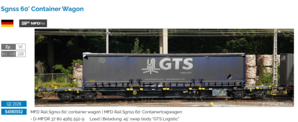 Sudexpress S4565552 - Containerwagen Sgnss MDF Rail 552 60', Swap Body "GTS Logistic"